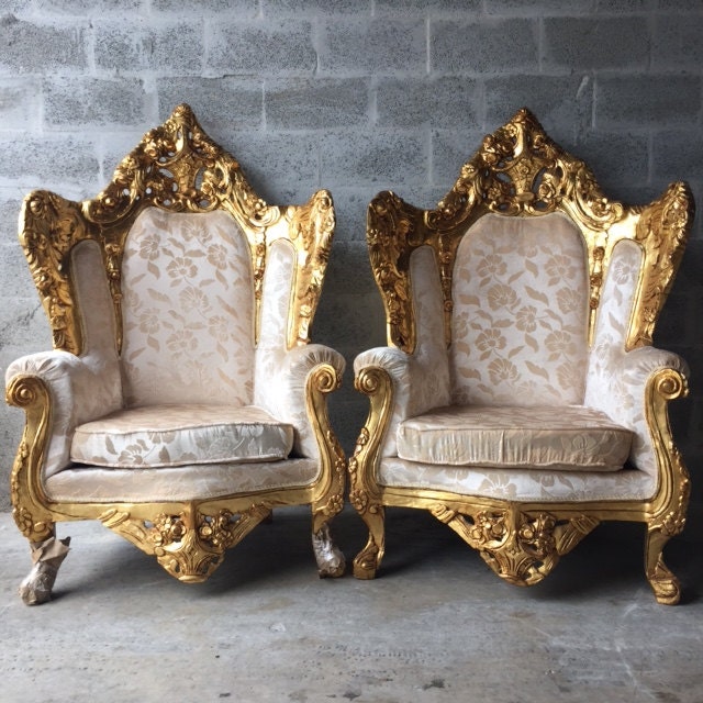 Antique Italian Rococo Chairs Fauteuil Bergere Throne King Chair Gold Gild Leaf White Champagne Fabric Handmade Solid Wood Carved Haute Juice