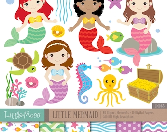 Little Mermaids Digital Clipart and Papers, Under the Sea Clipart