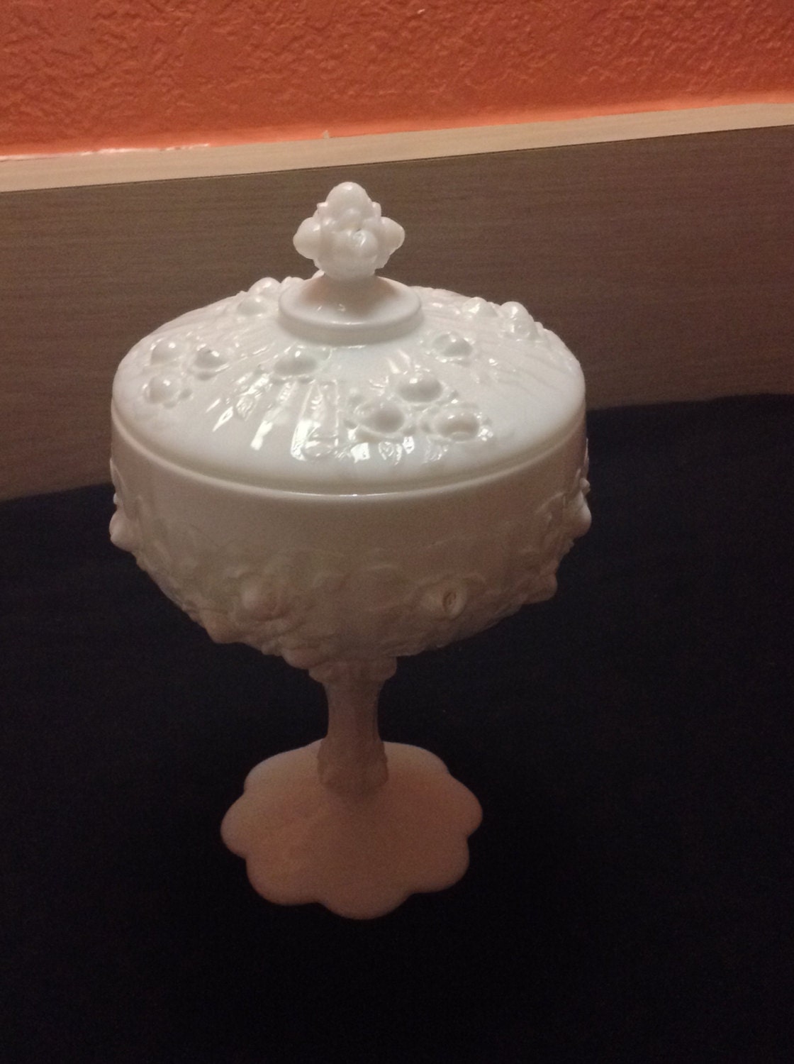 Antique milk glass footed candy dish with lid by Bullsantiques