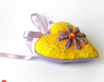 Paper Mache Heart, Yellow Heart Sculpture, Heart Art Object, Papier Mache Heart, Wedding Gift, Anniversary, Purple Heart, Girl Room Decor