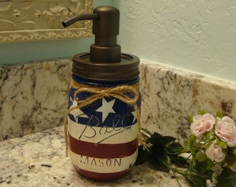Ball Pint Mason Jar, Soap Lotion Dispenser, Red White and Blue, Kitchen Soap, Bathroom Soap, Bronze Pump, Nickel Pump, Hostess, Patio,Gift