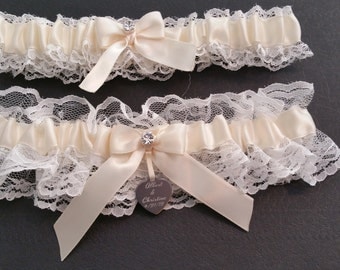 White Lace garter set, ivory satin, Rhinestone, Laser engraved tag, Wedding garter, Bridal garter, Prom garter, Garter set, Custom garter