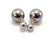 Grey Double Ball Earrings, Grey Double Pearl Earrings, Double Sided Earrings, Double Stud Earrings, Grey Pearl Earrings