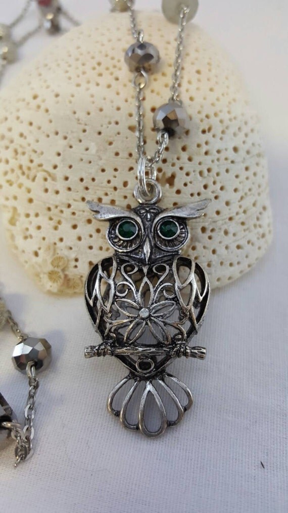 Filigree Owl Necklace Emerald Eyed Owl Necklace by FriendsCrafts55