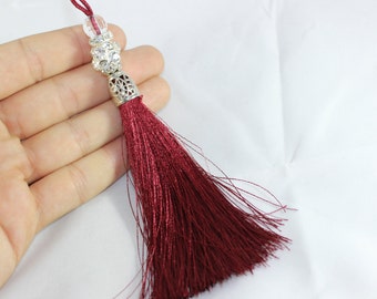 5 Pcs Bordeaux Silky Thread Tassel, Beaded Tassel Necklace, 130 mm Tassel Pendants with Swarovski Stones