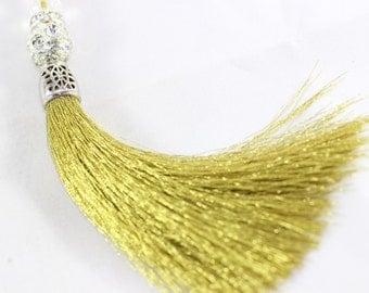 1 Pc Golden Silky Thread Tassel, Beaded Tassel Necklace, 130 mm Tassel Pendants with Rhinestones and Silver Bead Caps