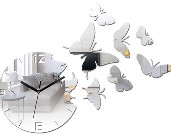 Wall Clock BUTTERFLY MIRROR large wall clock gift wall decor Unique wall clocks