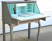 PORTFOLIO Secretary Desk - Slate and Aqua Painted Curved Leg Table PORTFOLIO Secretary Desk - Slate and Aqua Painted Curved Leg Table
