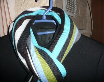 Vintage SAINT HILAIRE blue white gray black striped winter large scarf.