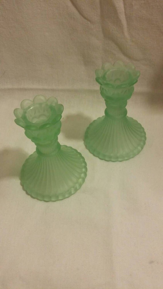 Mint Frosted Depression Glass Candle Holder Set