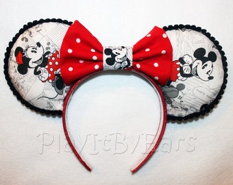 Handmade Disney Ears "Mickey n Minnie" Vintage Comic Custom Mouse Ears inspired by Disney