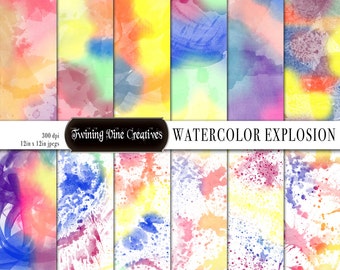 Rainbow Watercolor Digital Papers, Digital Watercolor Paper, Watercolor Splatter Paper, Commercial Use, Bright Watercolors, Messy Watercolor