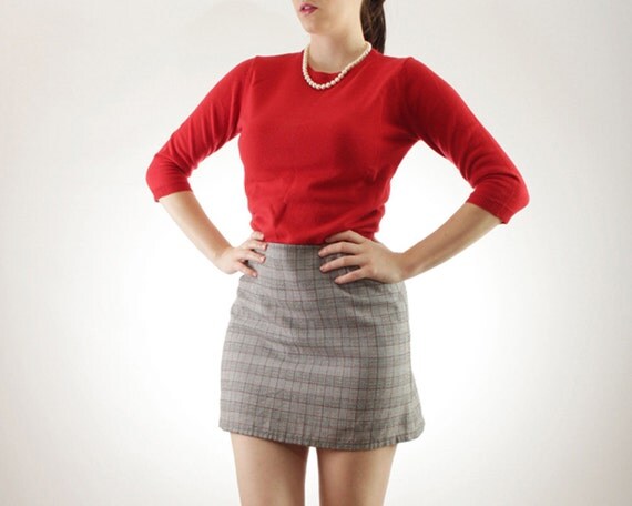 60s Plaid Mini Skirt With Red Lining Small 
