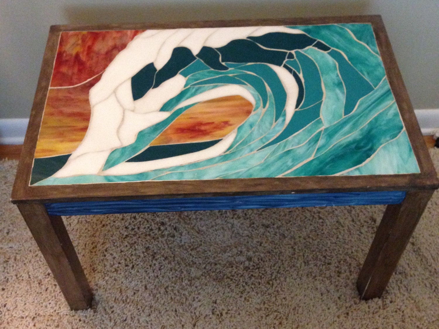 Wave Stained Glass Mosaic Coffee Table Surf by KingCrabSurfArt