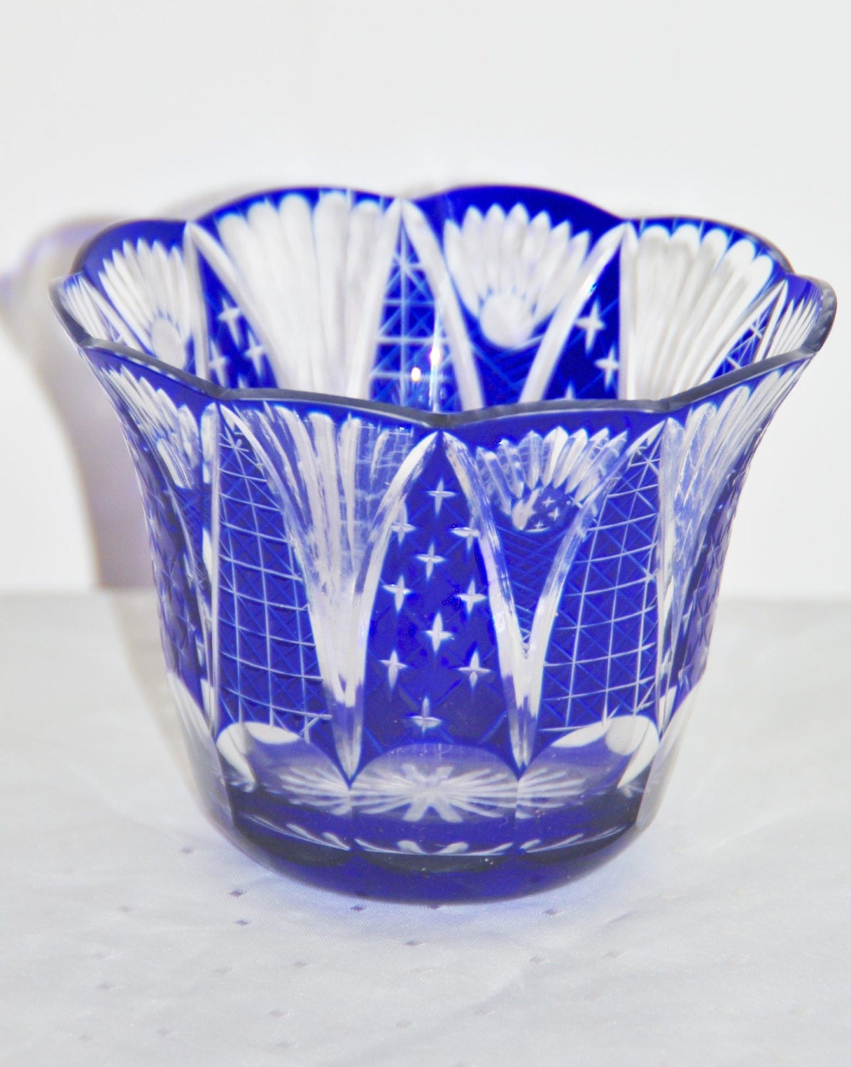 Hungarian Crystal Cobalt Blue Cut To Clear Small Bowl 1970s 1098