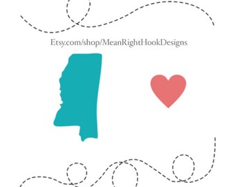 Mississippi SVG state silhouette, heart svg, and dotted lines INSTANT DOWNLOAD vector files for cutting machines - svg, png, dxf, eps
