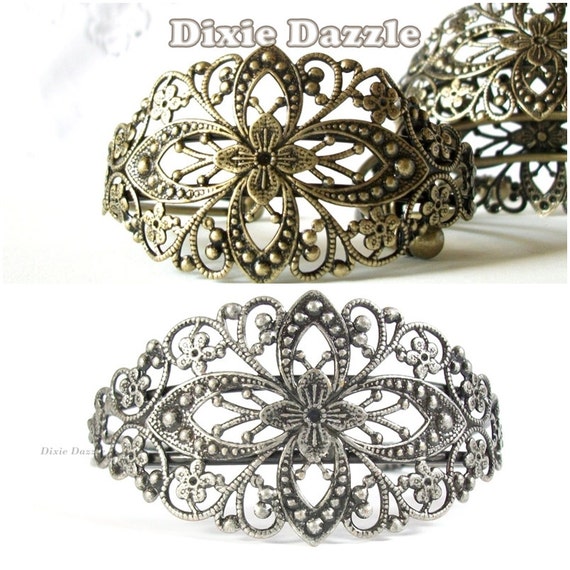 5 Antique silver pewter filigree cuff bracelet or by DixieDazzle