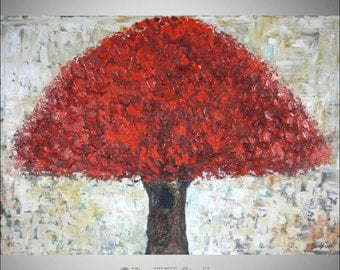 Red Tree Painting ORIGINAL Contemporary Art in Red - Abstract Tree Painting on Canvas 40x28 by BenWill
