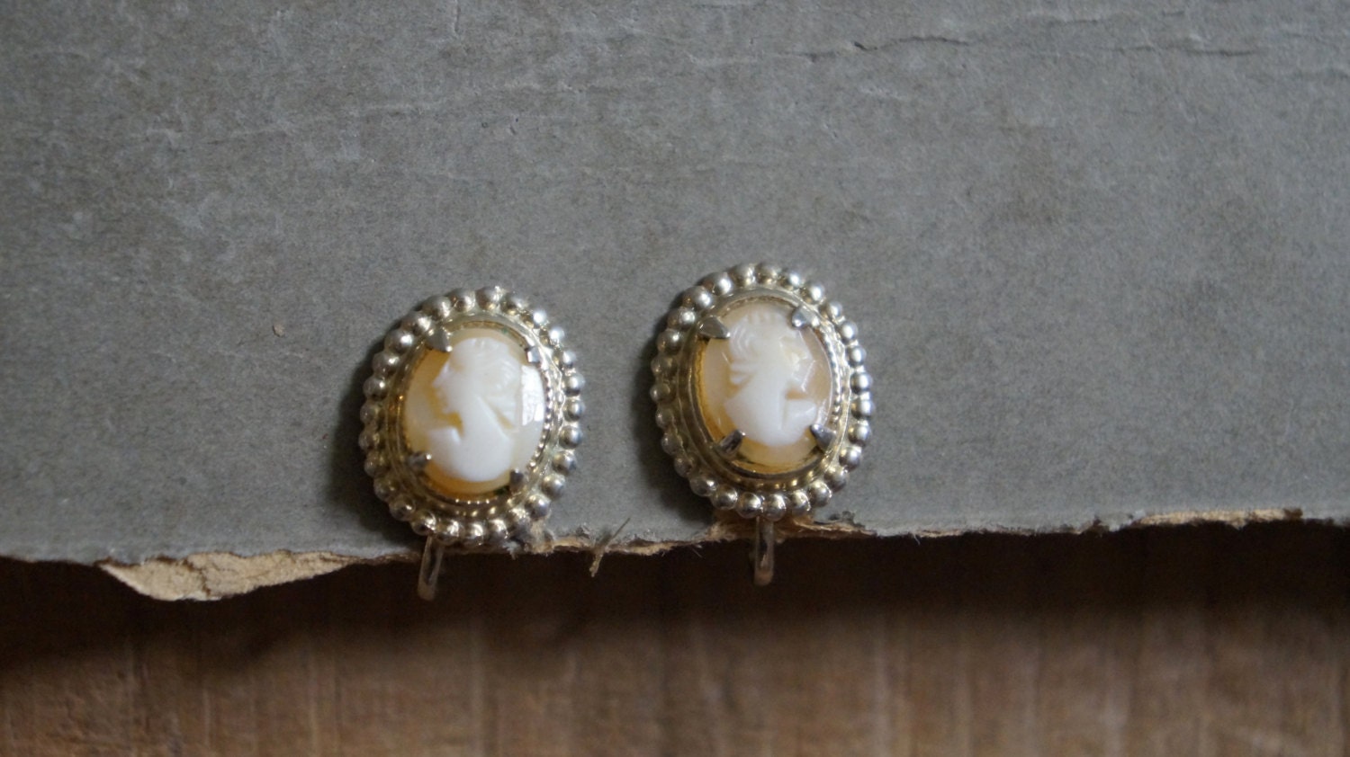 Vintage signed Coro cameo screw back earrings Glass carved