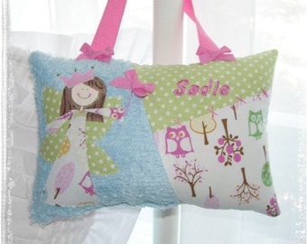 Girls Tooth Fairy Pillow in Brooke Owls Personalized with name and choice of hand painted fairy princess