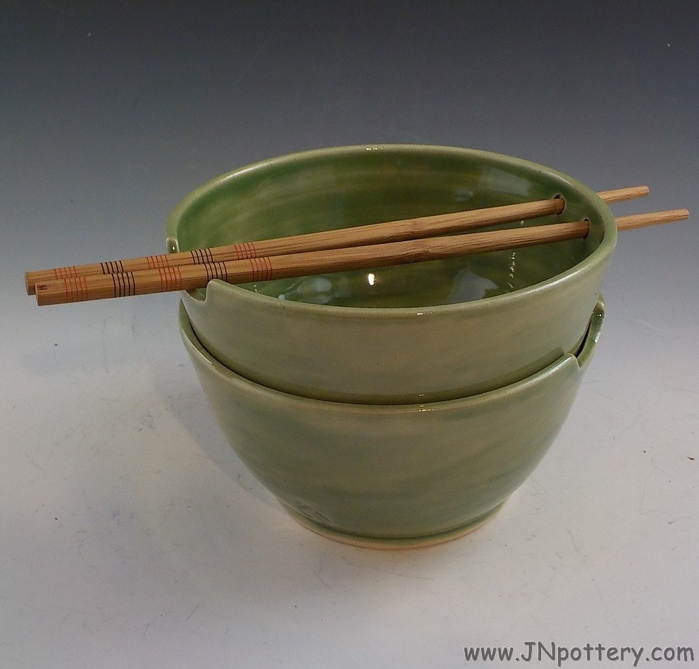 Pair of Ceramic Noodle Bowls Stoneware Chopstick Dishes Soup