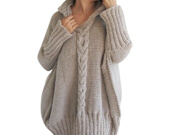 Tweed Beige Hand Knitted Poncho with Hood by afra on Etsy