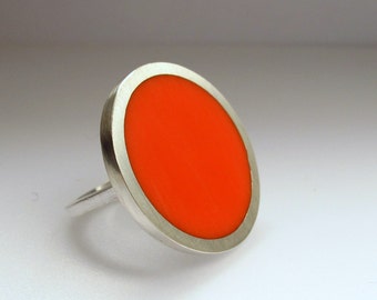 Statement Ring - Big Round Orange Resin Ring - Orange Rings - Large Ring - One Inch Silver Ring - Sixties Pop Art Jewelry