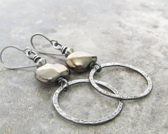 kazuri and silver earrings, silver metalwork earrings, rustic silver earrings, oxidized boho rings earrings