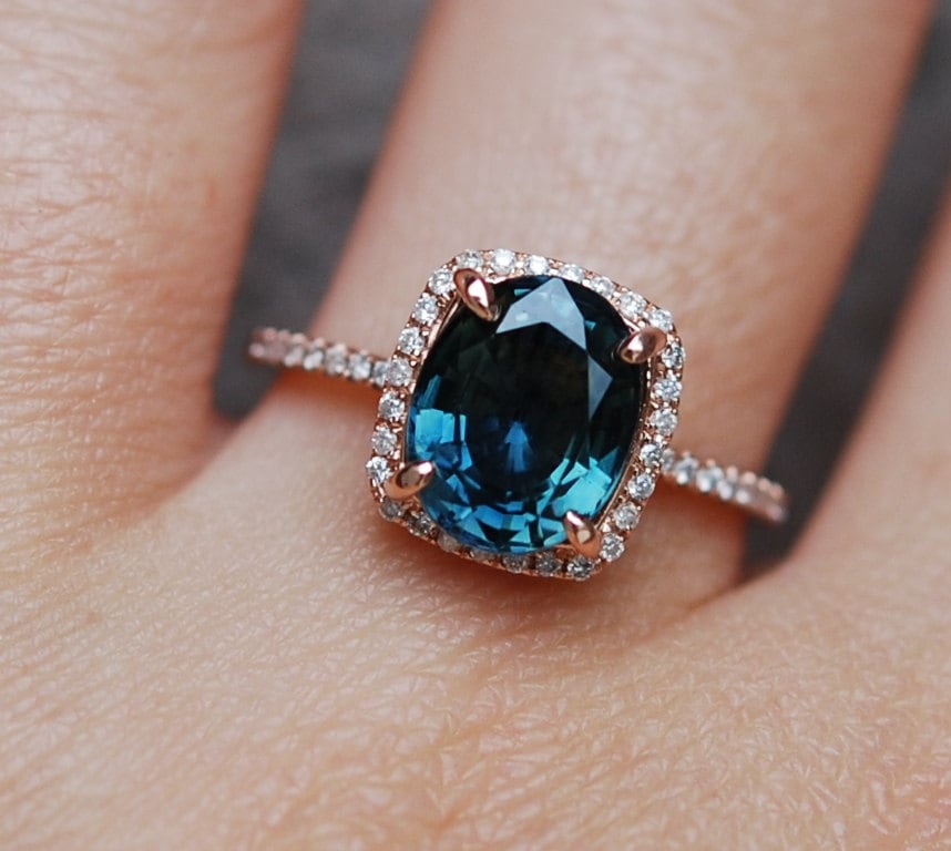 Blue Green sapphire engagement ring. Peacock sapphire 3.75ct cushion ...