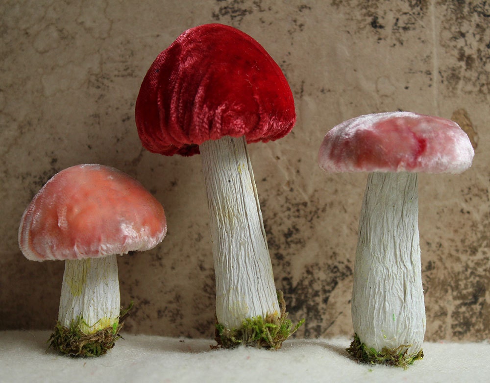 Silk Velvet Mushroom Decorations Set of 3 by juliecollings on Etsy