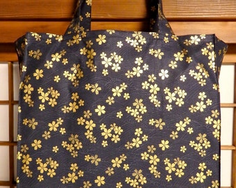 Gold Cherry Blossom Tote Bag, Japanese Cherry Blossoms on Black Waves TIGHT 'N' TIDY Tote Reusable Foldable Shopping Bag, Black Gold Gray