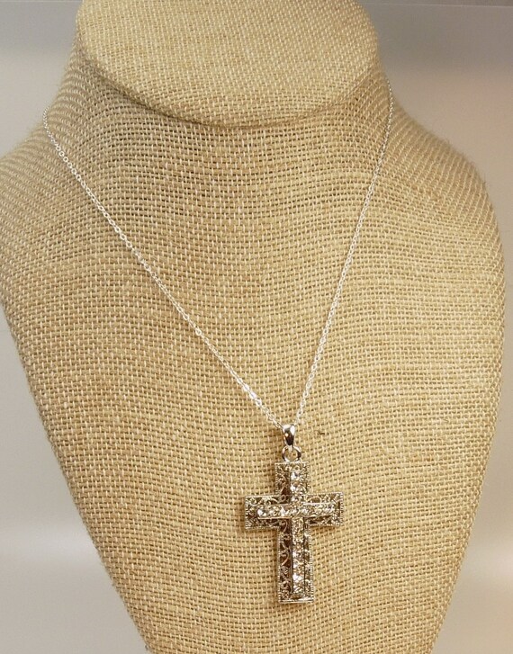 Items similar to Vintage Silver Rhinestone Cross Pendant Necklace on Etsy