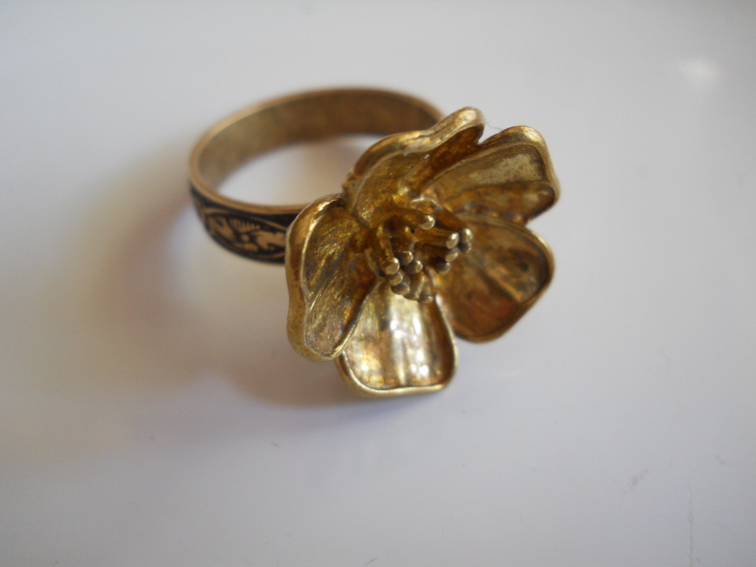 Metal Dogwood Flower Ring Ornate Repurposed Adjustable Brass