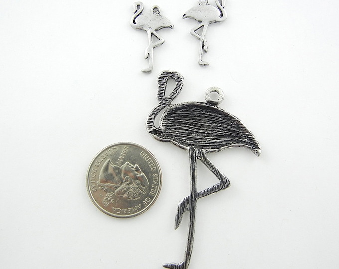 Set of Flamingo Pendant and Charms Antique Silver-tone