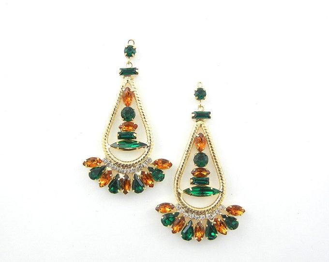 Pair of Gold-tone Drop Charms with Green and Topaz Faceted Gems