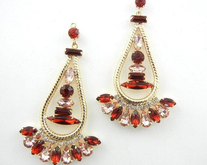 Pair of Gold-tone Drop Charms with Red and Pink Faceted Rhinestones