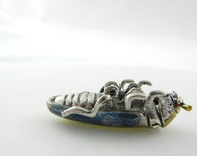 Antique Silver-tone Cockroach Slide Charm Rhinestone Accents Yellow Gold Wash