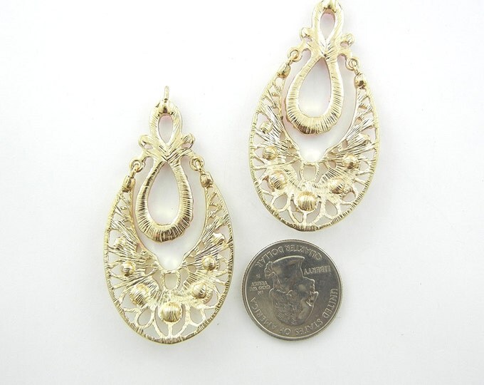 Pair of Chandelier Filigree Pink Rhinestone Gold-tone Drop Charms