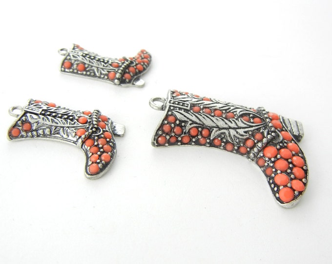 Set of Cowboy Cowgirl Boot Pendant and Matching Charms Acrylic Cabochons in Antique Silver-tone