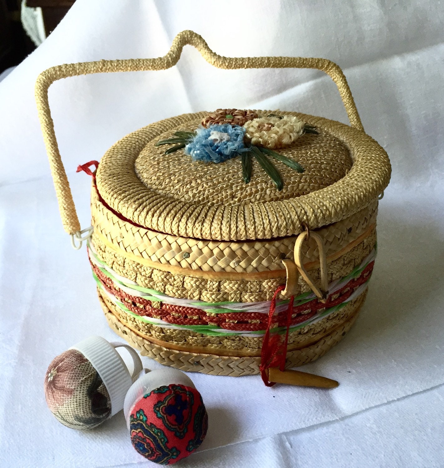 SWEETEST SEWING BASKET Vintage Sewing Basket Mint Green and Straw with