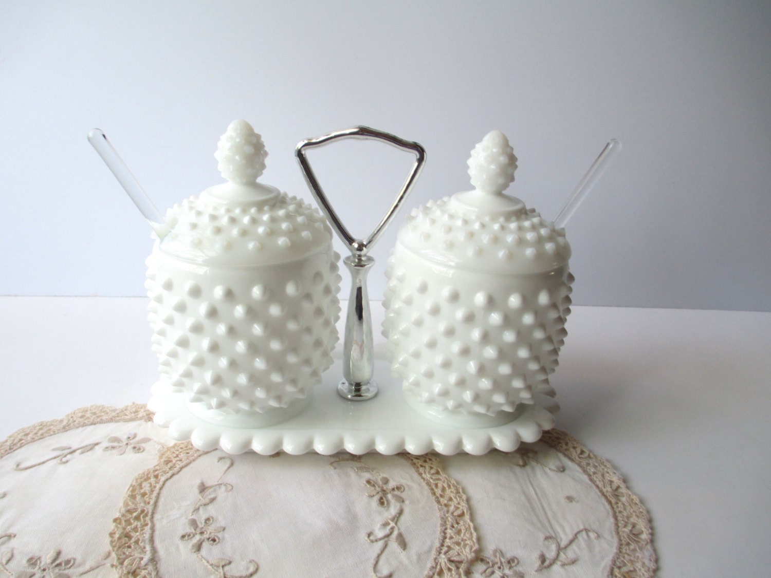 Vintage Fenton Milk Glass Hobnail Jam Jelly Tray Set Haute Juice 8425