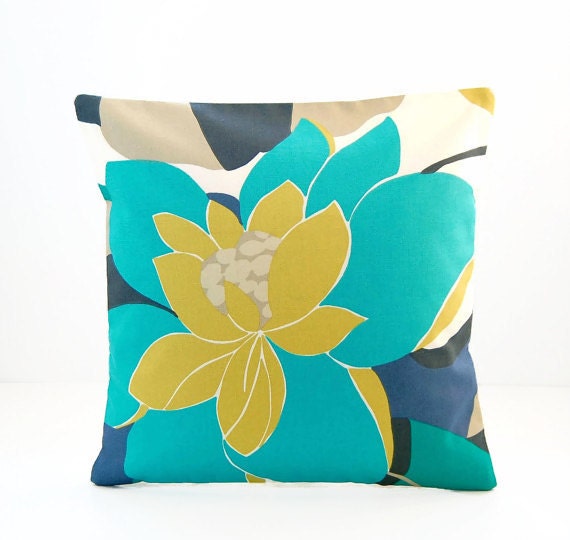 floral cushion cover blue lime mustard navy blue large