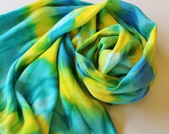 SALE Infinity Scarf - Hand Painted Circle Scarves Lime Green Lemon Yellow Teal Turquoise Blue Royal Batik Bright
