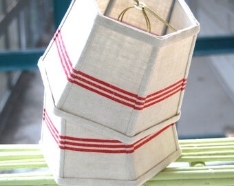 Red Lamp Shade French Lampshade Vintage Stripe Linen - Cottage Decor - 6 x 8 x 6 Clip, Handmade Lighting - Bistro Look!