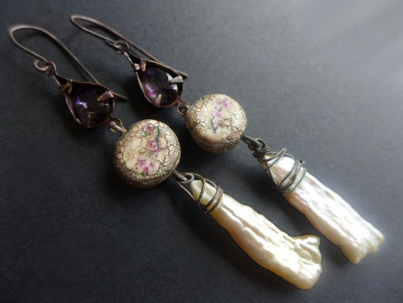 Aware. Long rustic assemblage earrings in white and pink with biwa pearls.