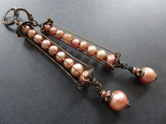 Tiny Moons.  Caged vintage glass pearl earrings in shades of rose.