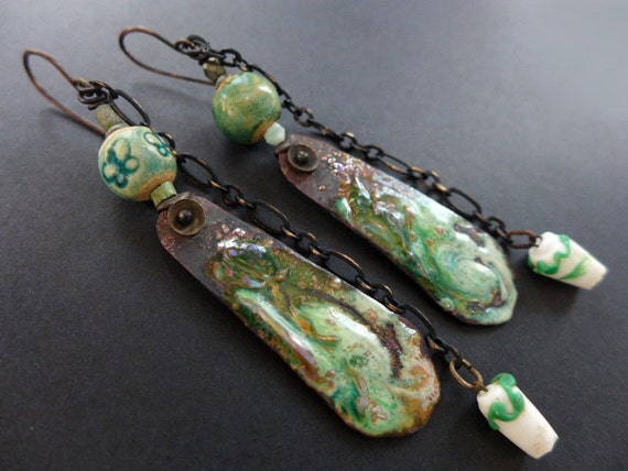 Gokotta. Emerald green rustic assemblage earrings with torch enameling.