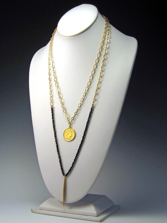 Items similar to Gold Chain and Black Crystal Necklace | Long Gold and ...