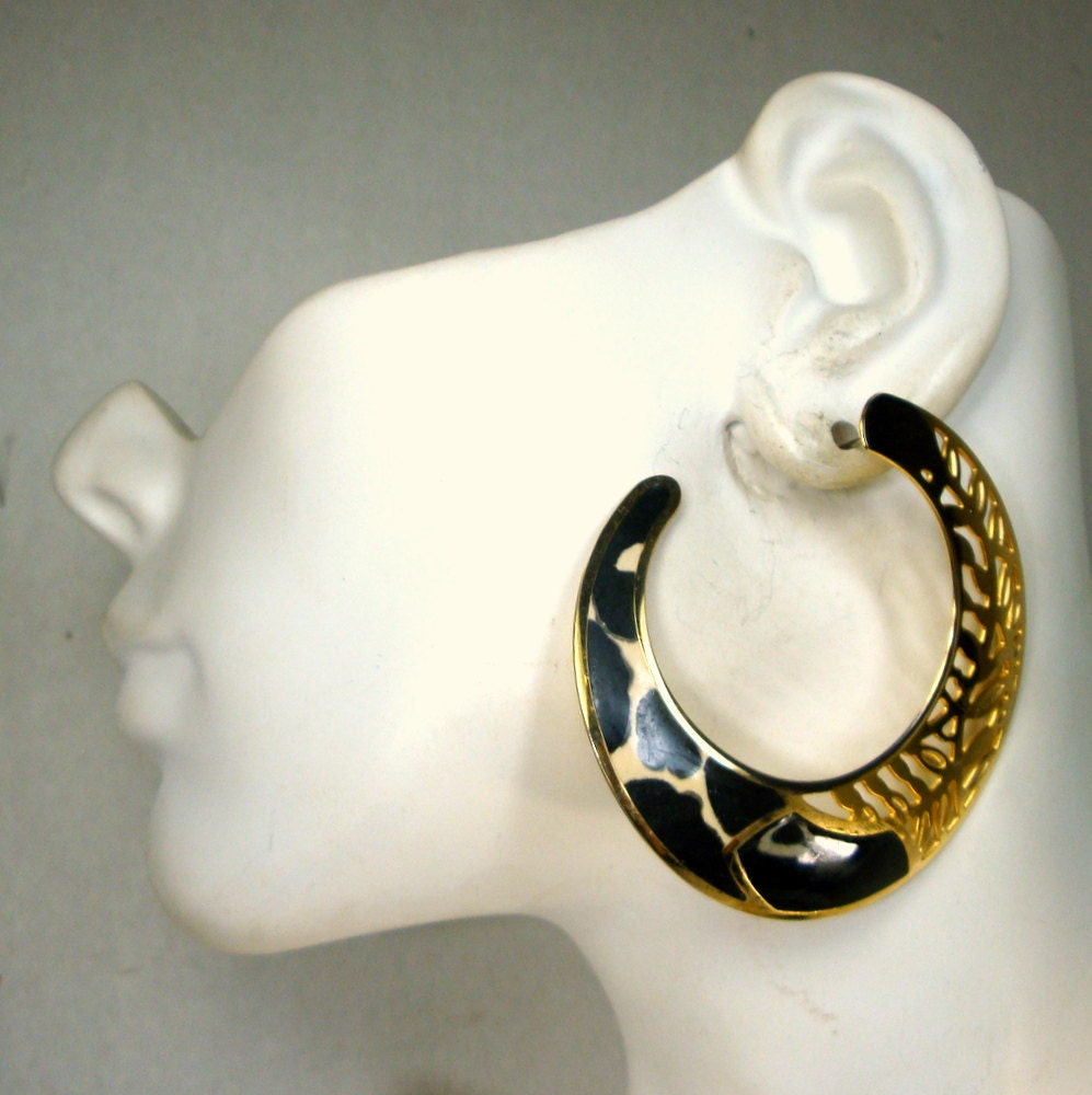 Edgar BEREBI Vintage Earrings Gold n Black Large Crescent