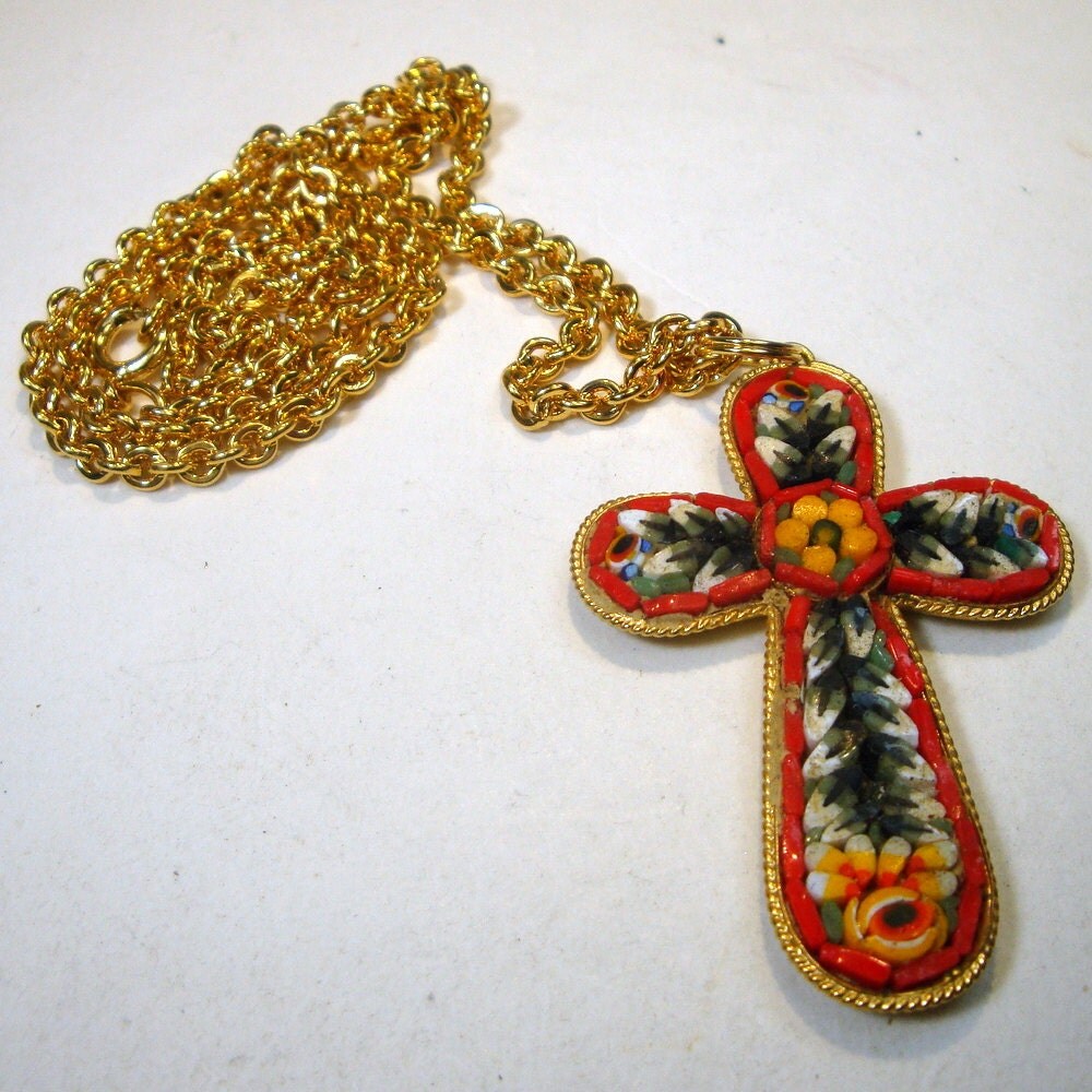 Vintage Italian Micro Mosaic CROSS Pendant1970s Cane Glass
